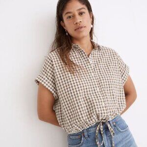 Madewell:  Seersucker Button Up Drawstring Top in Plaid, Size S, Golden Spinach